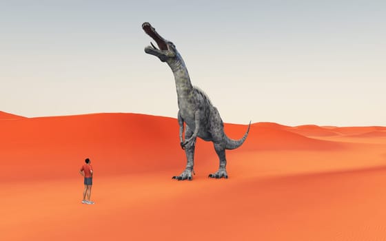 Computer generated 3D illustration with wanderer and dinosaur Suchomimus in a sandy desert