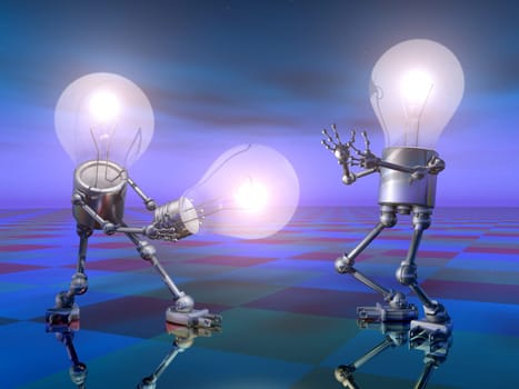 Computer generated 3D illustration of two light bulb figures with a light bulb at night