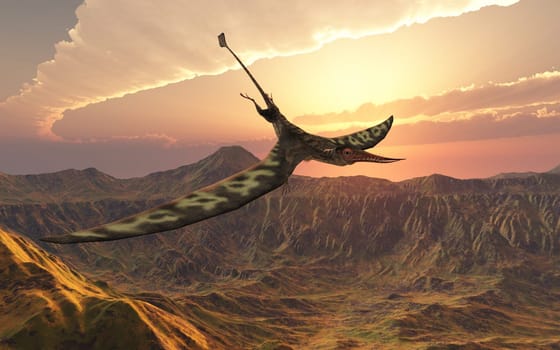 Computer generated 3D illustration with the pterosaur Rhamphorhynchus over a landscape at sunset