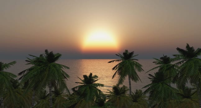 Computer generated 3D illustration with sunset over the sea and palms