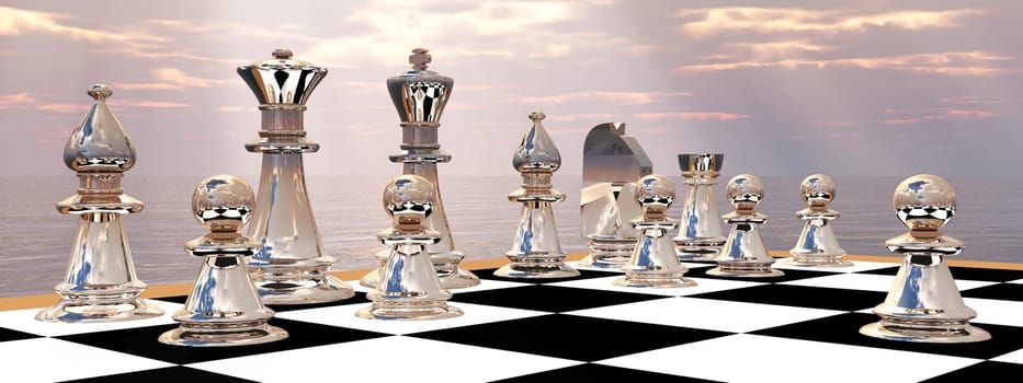 Computer generated 3D illustration with chessboard and chess figures against a cloudy sky with sun rays