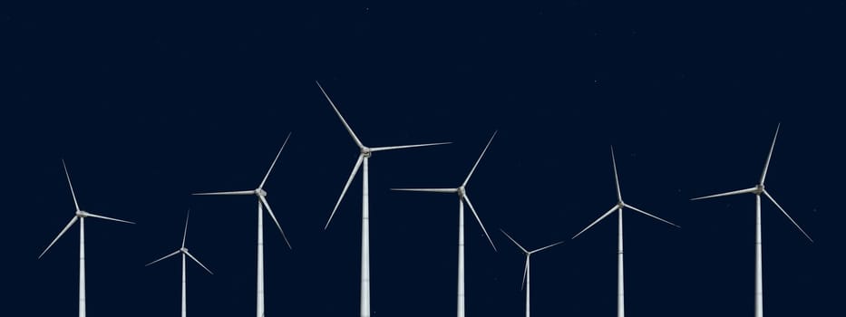 Computer generated 3D illustration with wind turbines at night