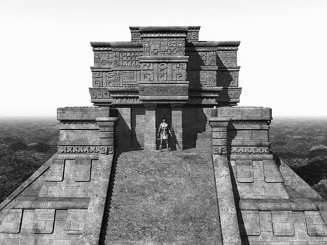 Computer generated 3D illustration with a Mayan temple in black and white