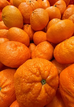 front view closeup of many orange mandarins citrus fruits in supermarket shelf
