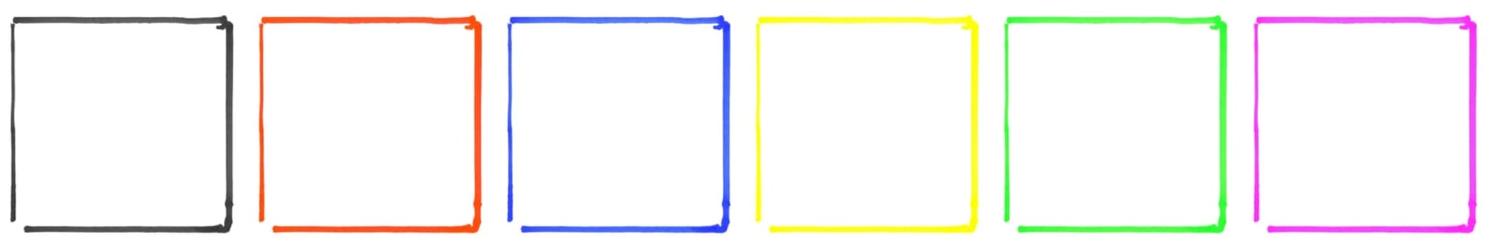 Empty blank set of hand painted frames made with pencil on white background - black, red, blue, yellow, green and purple