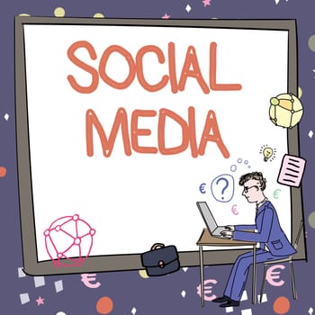 Text sign showing Social Media, Business overview Online communication channel Networking Microblogging Man working on computer representing successful business strategy creation.