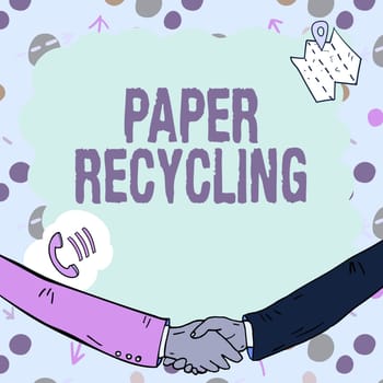 Text caption presenting Paper Recycling, Business idea Using the waste papers in a new way by recycling them Empty frame decorated with communication symbols represent business meeting