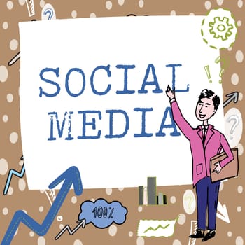 Hand writing sign Social Media, Concept meaning Online communication channel Networking Microblogging Gentleman Drawing Standing Pointing Finger In Blank Whiteboard.