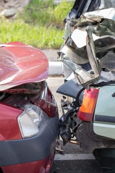 Traffic accident on the street, damaged car after a collision in the city. Accident due to speeding and alcohol intoxication. Transport background. The concept of road safety and insurance