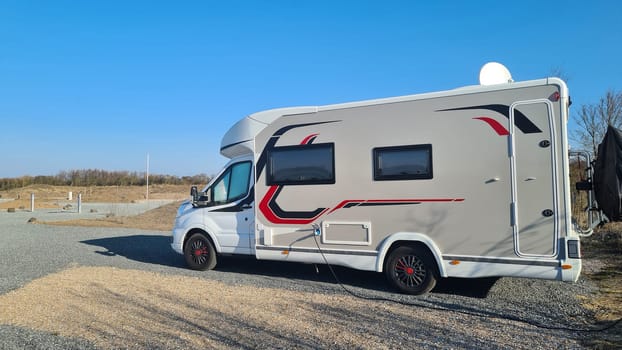 Family vacation trip camper van, holiday trip in motorhome, caravan vacation.