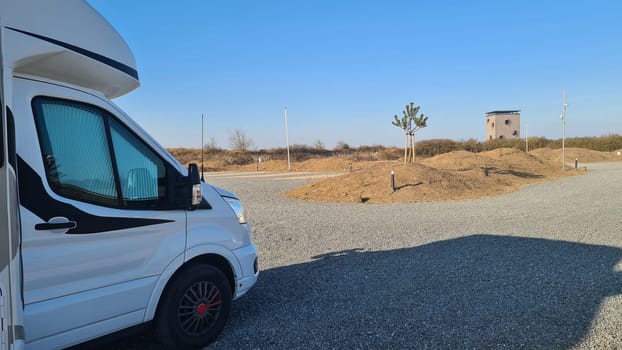 Family vacation trip camper van, holiday trip in motorhome, caravan vacation.