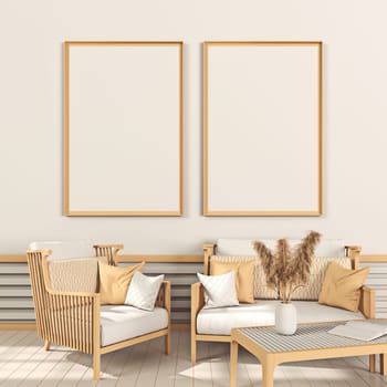 Mock up poster frames with dried plant and wooden armchair and sofa in modern interior background 3D render 3D illustration