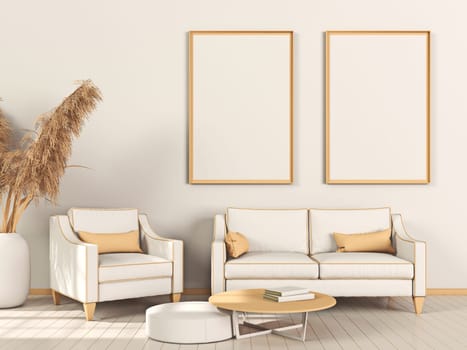 Two mock up poster frames with big plant and fabric armchair in modern interior background 3D render 3D illustration