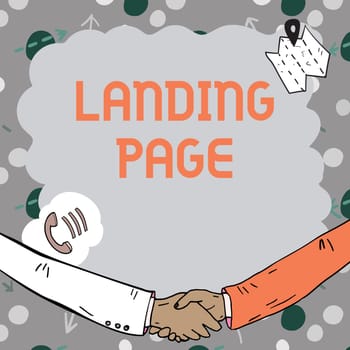Handwriting text Landing Page, Business showcase Website accessed by clicking a link on another web page Empty frame decorated with communication symbols represent business meeting