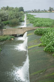 Azud del Guadiana or Caya river diversion dam. Flood control infrastructure outskirts Badajoz, Extremadura, Spain