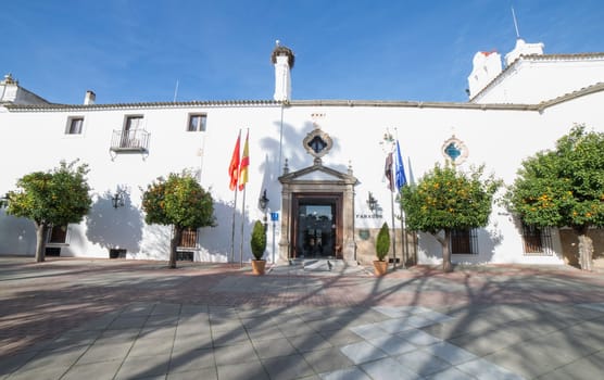 Merida, Spain - Feb 14th, 2021: Parador de Merida, Badajoz, Spain. Spanish state-owned chain of luxury hotels
