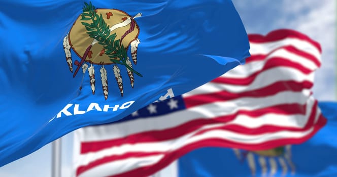 The flags of the Arkansas state and United States waving in the wind. Democracy and independence. American state. Seamless 3D animation