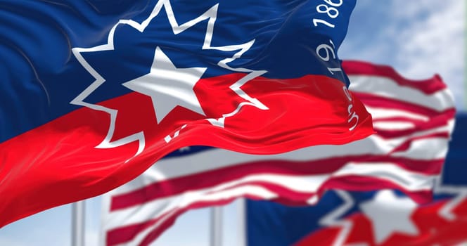The flags of the Arkansas state and United States waving in the wind. Democracy and independence. American state. Seamless 3D animation