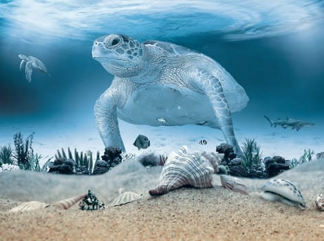 Hawksbill turtle is swimming in the tropical lagoon i