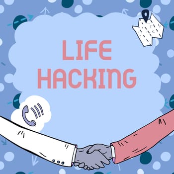 Text caption presenting Life Hacking, Business overview Simple and clever techniques in accomplishing task easily Empty frame decorated with communication symbols represent business meeting