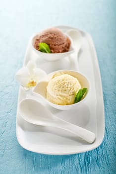 Vanilla and chocolate Ice cream on a white plate