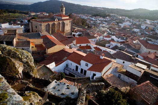 Panorama view of Montanchez at sunrise, Caceres, Spain