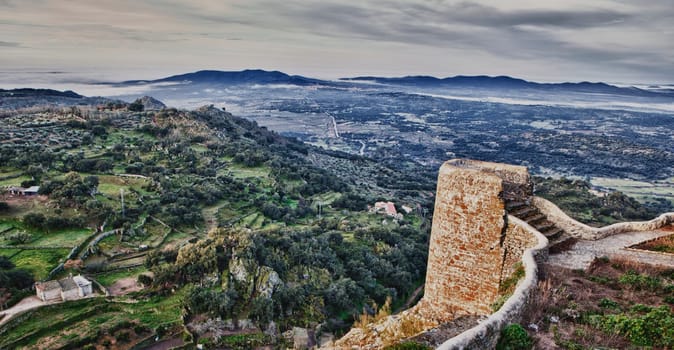 Montanchez castle remains at sunrise, Caceres, Spain