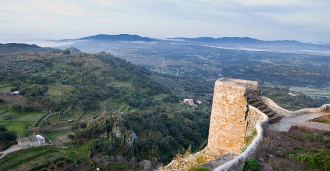 Montanchez castle remains at sunrise, Caceres, Spain