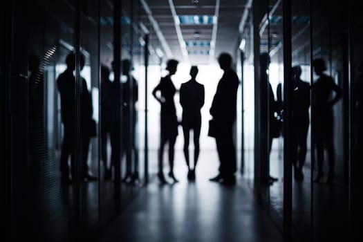 Silhouettes of three business people standing in corridor of office building