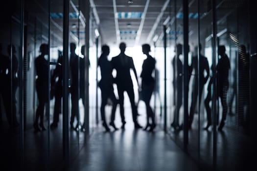 Silhouettes of business group talking in corridor of office building