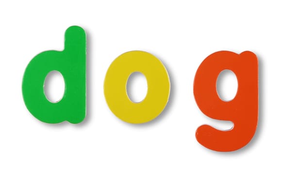 Dog coloured magnetic letters on white with clipping path to remove shadow