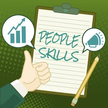 Inspiration showing sign People Skills, Word for Get Along well Effective Communication Rapport Approachable Hands Thumbs Up Showing New Ideas. Palms Carrying Note Presenting Plans