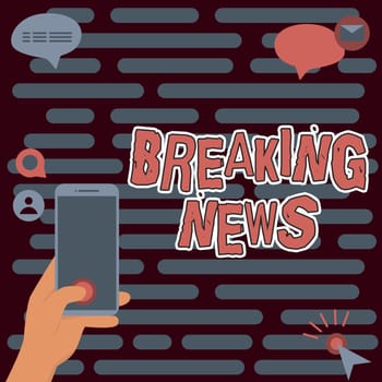 Inspiration showing sign Breaking News, Internet Concept Special Report Announcement Happening Current Issue Flashnews Hands Holding Technological Device Pressing Application Button.