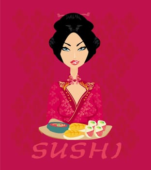 beautiful Asian girl enjoy sushi - menu template