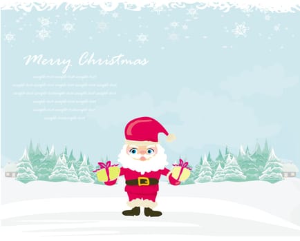 Happy New year card with Santa and winter landscape