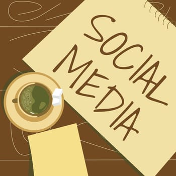 Handwriting text Social Media, Business approach Online communication channel Networking Microblogging offee cup sitting on desk with notebook representing relaxed working space.
