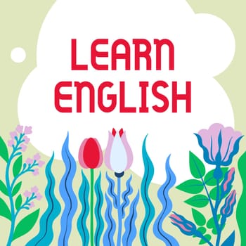 Conceptual display Learn English, Word Written on Universal Language Easy Communication and Understand Blank Frame Decorated With Abstract Modernized Forms Flowers And Foliage.