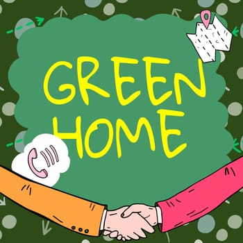Writing displaying text Green Home, Business approach An area filled with plants and trees where you can relax Empty frame decorated with communication symbols represent business meeting