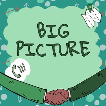 Hand writing sign Big Picture, Business approach most important facts about certain situation and its effects Empty frame decorated with communication symbols represent business meeting