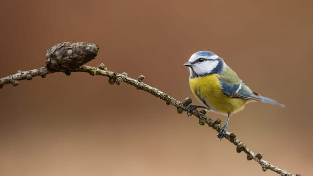 Cute eurasian blue tit, cyanistes caeruleus, sitting on a branch of a larch without spikes in autumn nature. Adorable little bird with yellow and blue feathers resting on perch from side view.