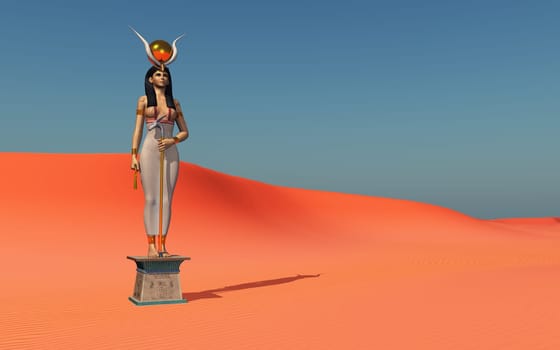 Computer generated 3D illustration with a sculpture of the goddess Hathor in a sandy desert