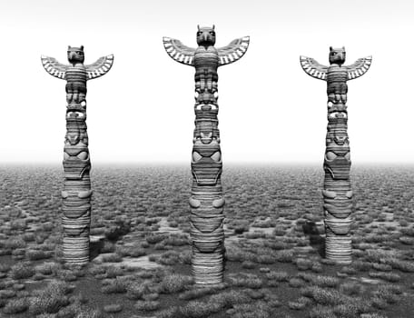 Computer generated 3D illustration with three totem poles on the prairie in black and white
