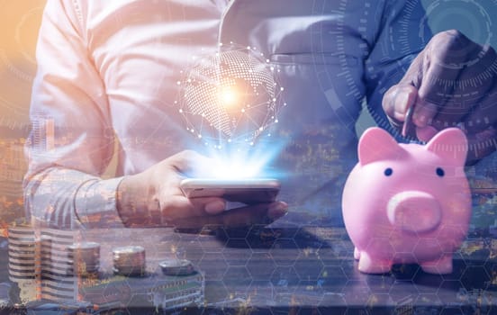 Double Exposure, Online Banking Savings Concept, Online Investment Savings, Online Stock Investors, Internet Financial Transactions, Save Monney for Investors Using Internet to Trade Stocks or Trade Fund