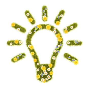 Flowery Grassy Light Bulb Symbol Shape Isolated on White Background 3D Illustration, Green Idea Concept