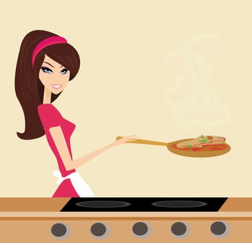 Beautiful housewife cooking on a pan in the kitchen