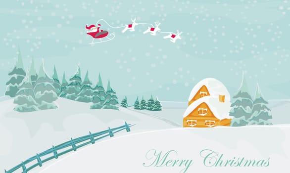 Happy New year card with Santa and winter landscape