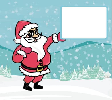 Happy New year card with Santa and winter landscape