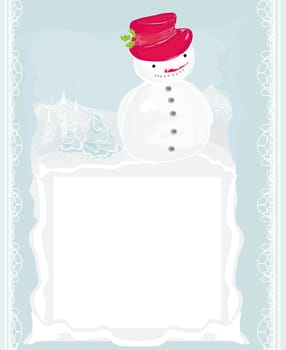 Happy snowman on winter landscape card