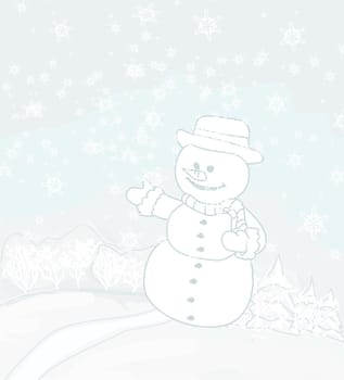 Happy snowman on winter landscape card