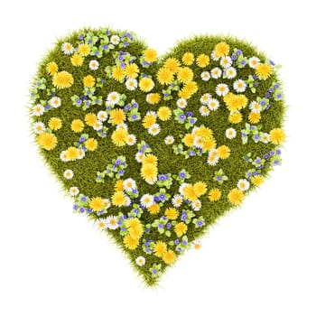 Flowery Grassy Heart Shape Isolated on White Background 3D Illustration, Love Concept